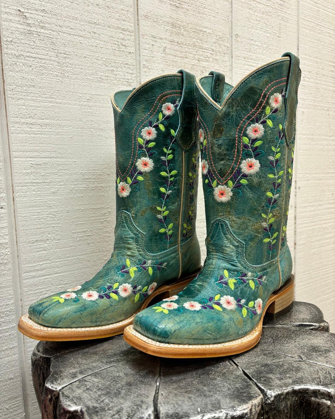 Corral Youth Teen Turquoise Embroidered Square Toe Cowgirl Boots T0158