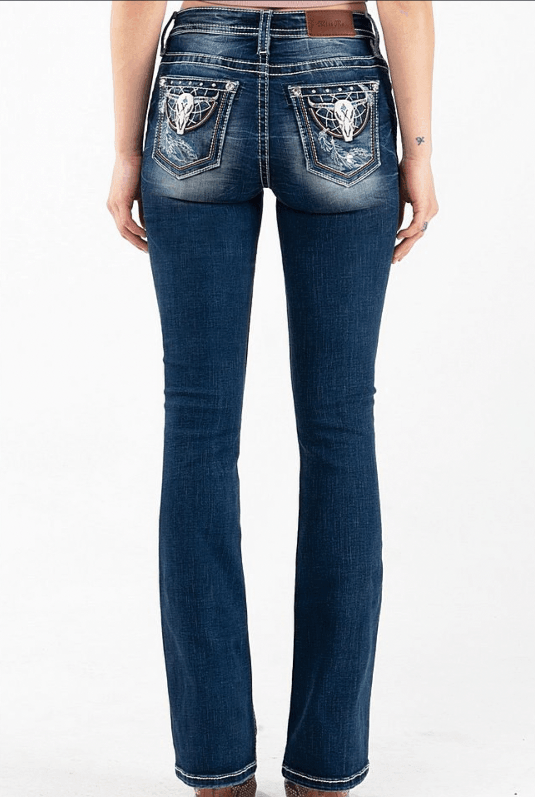 Miss buy Me Low Rise Medium Wash Boot Cut Jeans Rhinestone Peace Sign Back Pocket 28