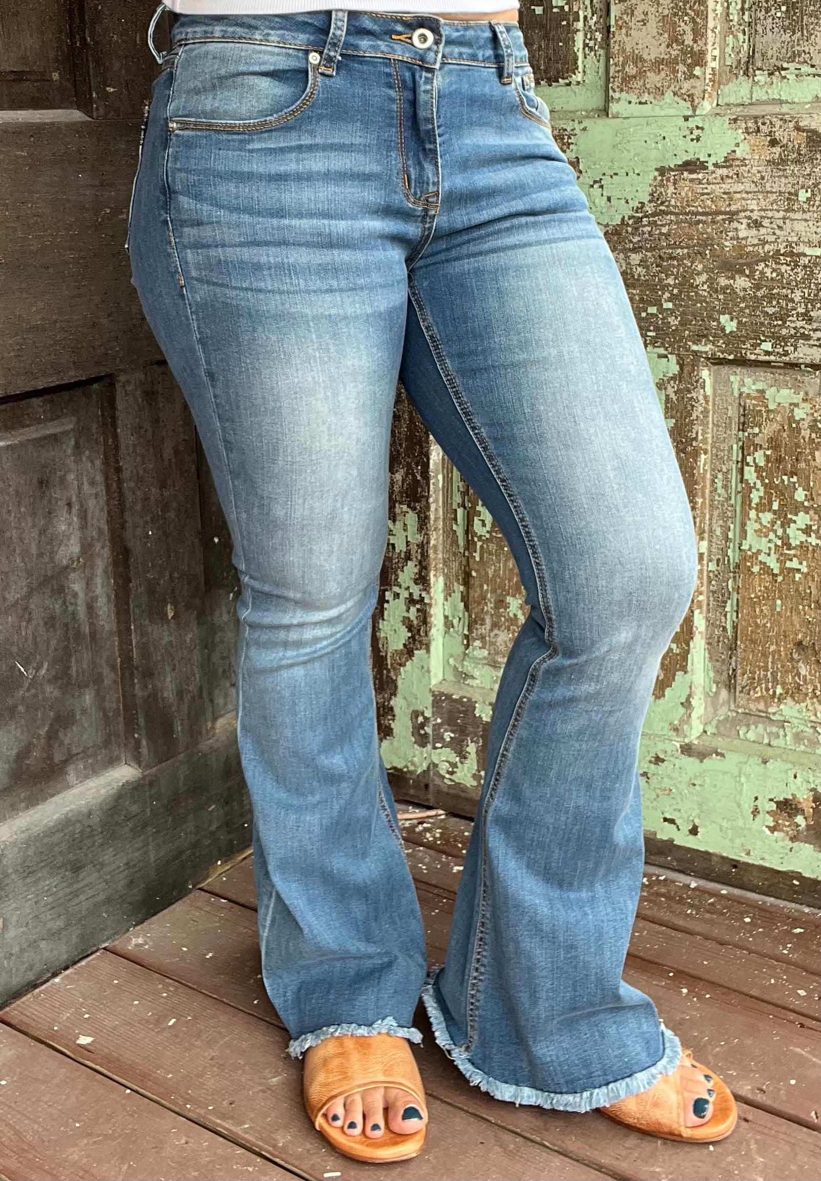 Grace in LA Women's Mid Rise Raw Hem Flare Jeans EL51695