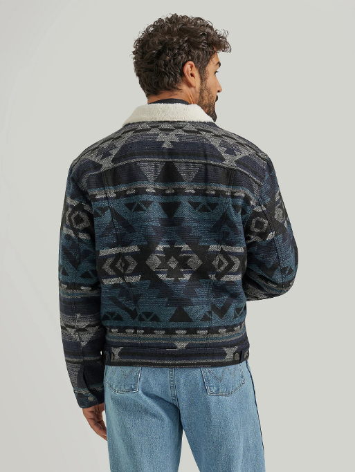 Wrangler Men s Navy Waters Jacquard Aztec Print Sherpa Lined Trucker Jacket 112352866 Painted Cowgirl Western Store