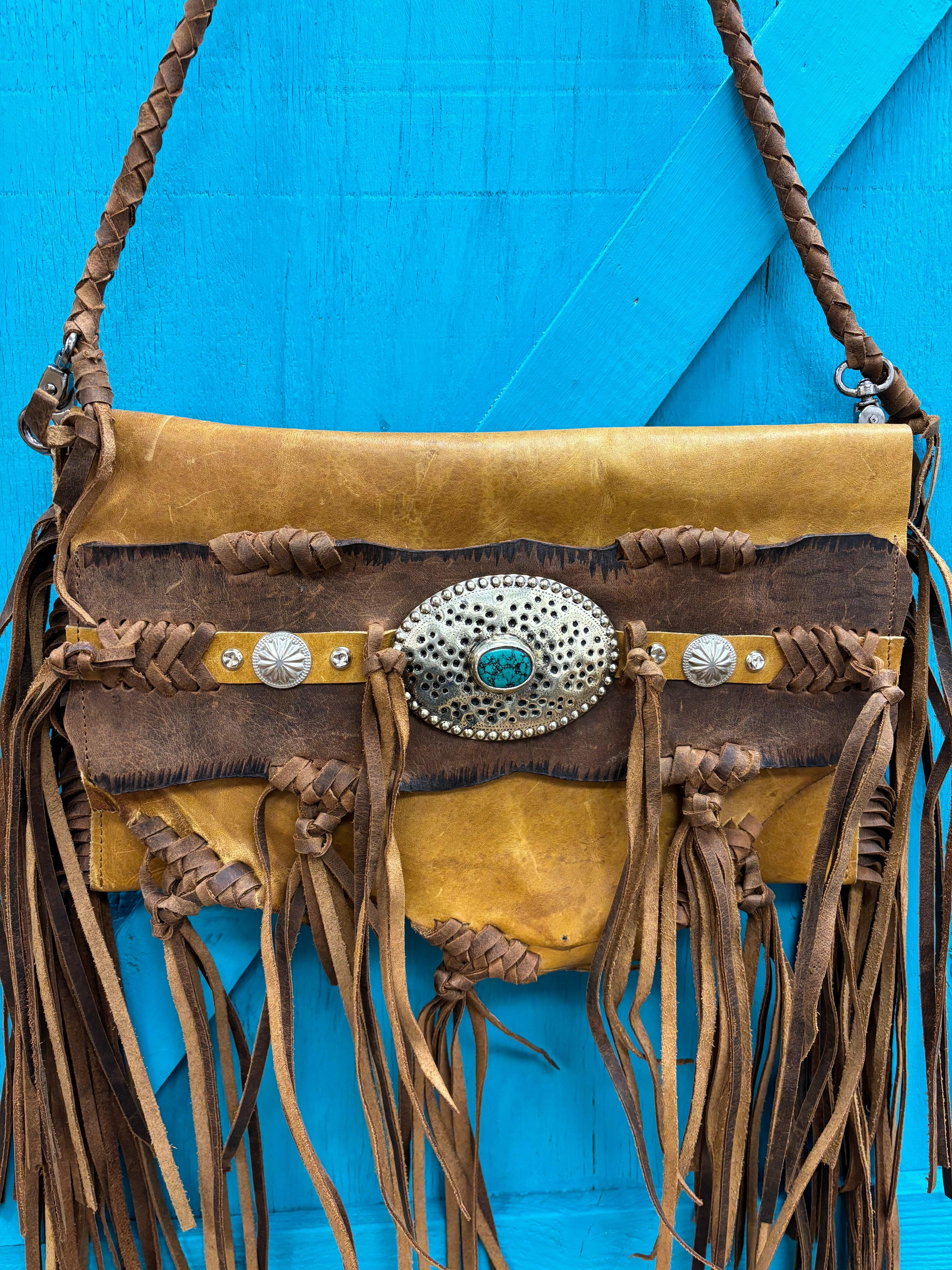 Black leather & turquoise bucket/crossbody handbag studs fringe hotsell cowgirl