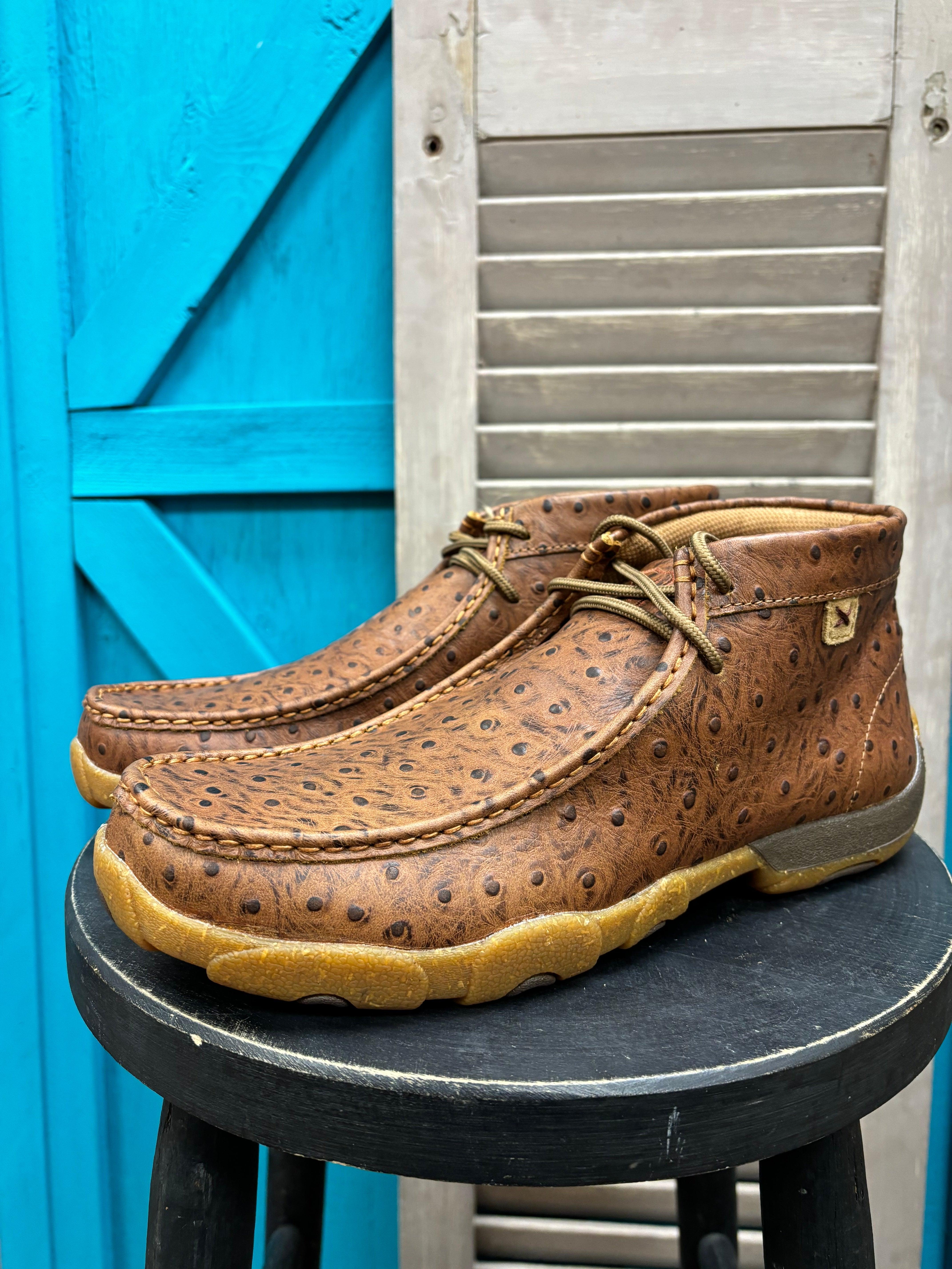 Twisted X Men s Cognac Ostrich Print Leather Chukka Driving Moc MDM0100 Painted Cowgirl Western Store