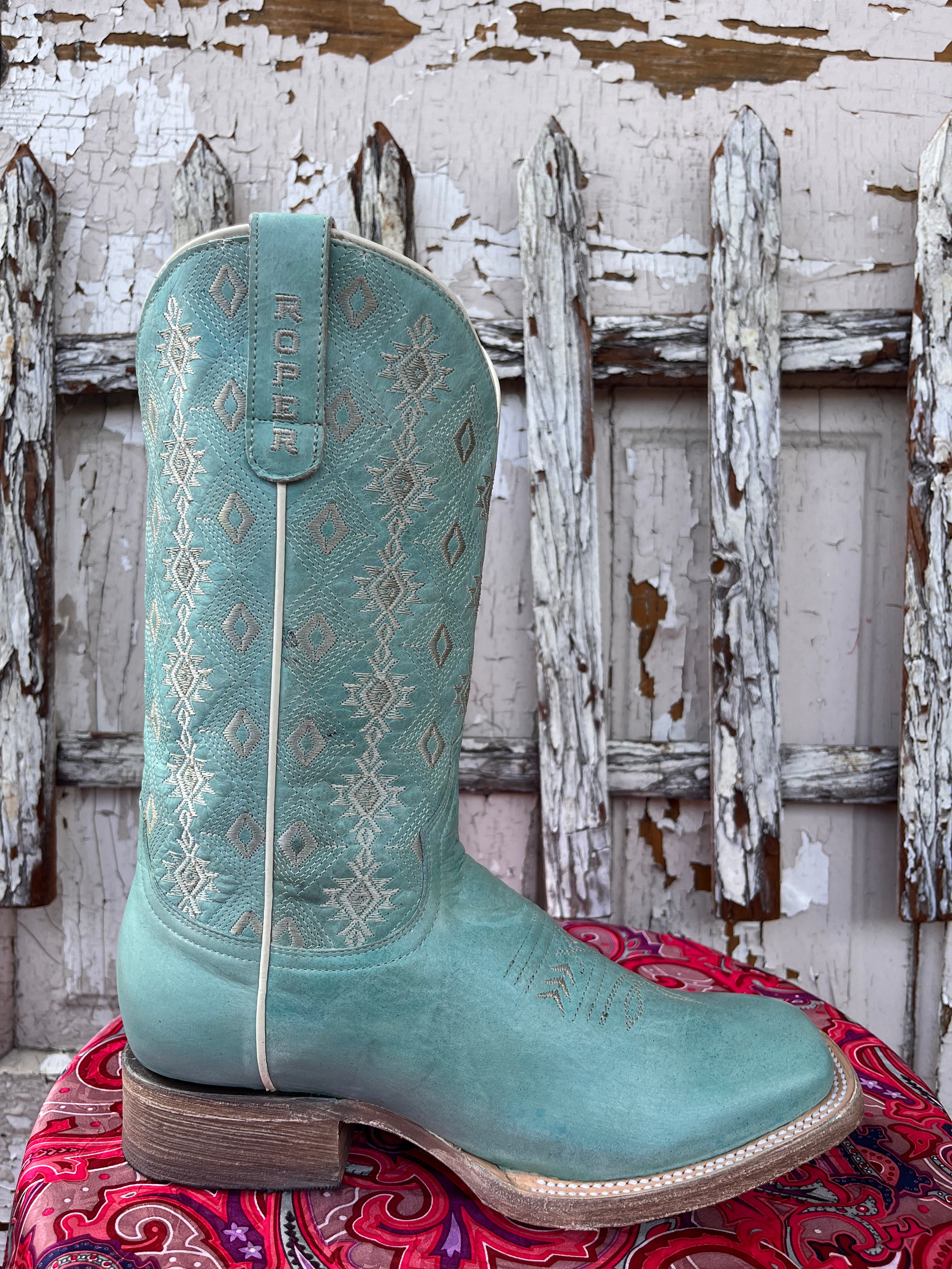 Roper Women's Anika Light Blue Aztec Square Toe Cowgirl Boots 7016-8586