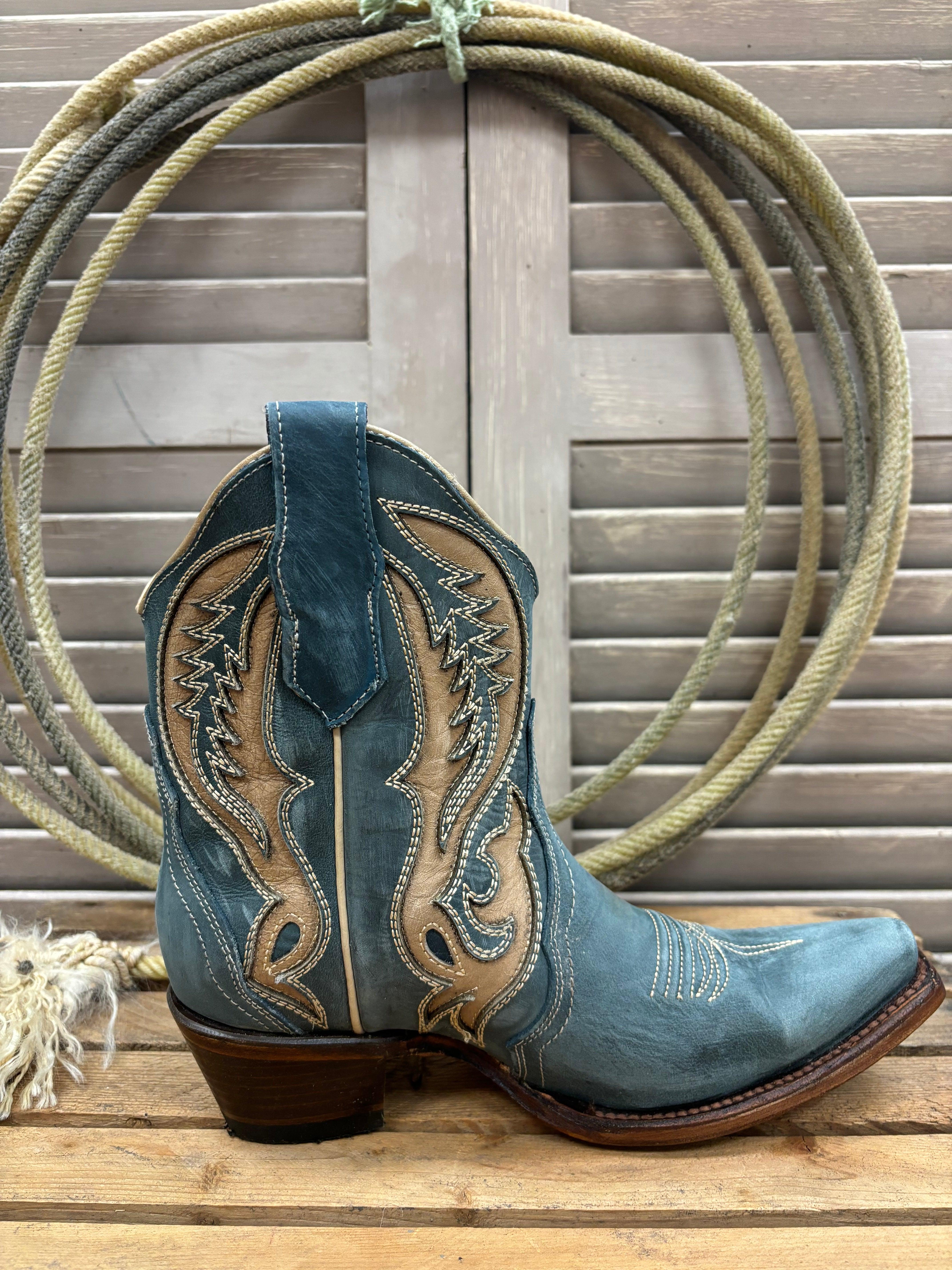 Circle G Women s Distressed Blue Tan Inlay Cowgirl Ankle Boots L6089 Painted Cowgirl Western Store