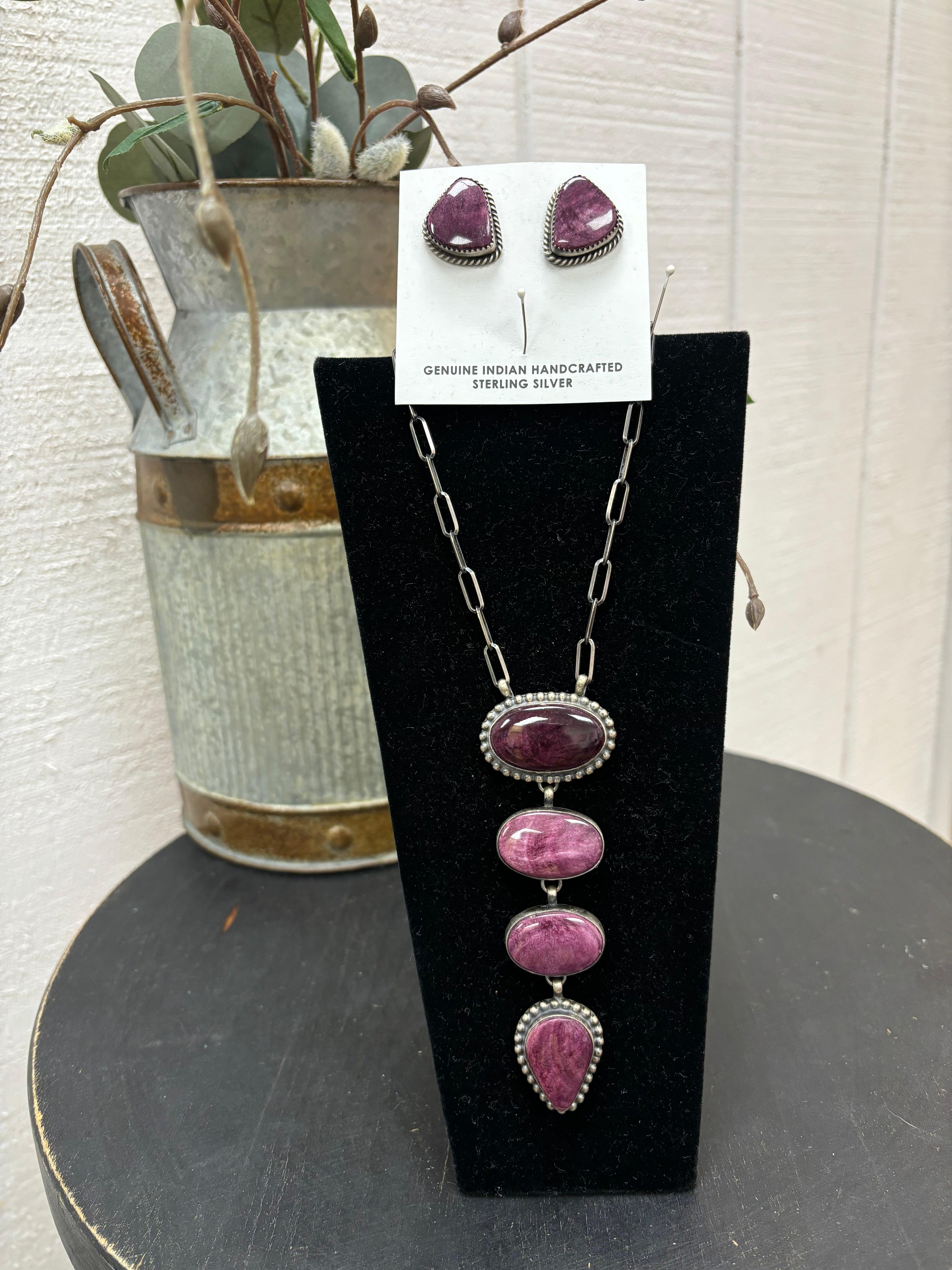 Purple spiny oyster, Navajo Pearls and sterling silver offers earrings 3+ inches long