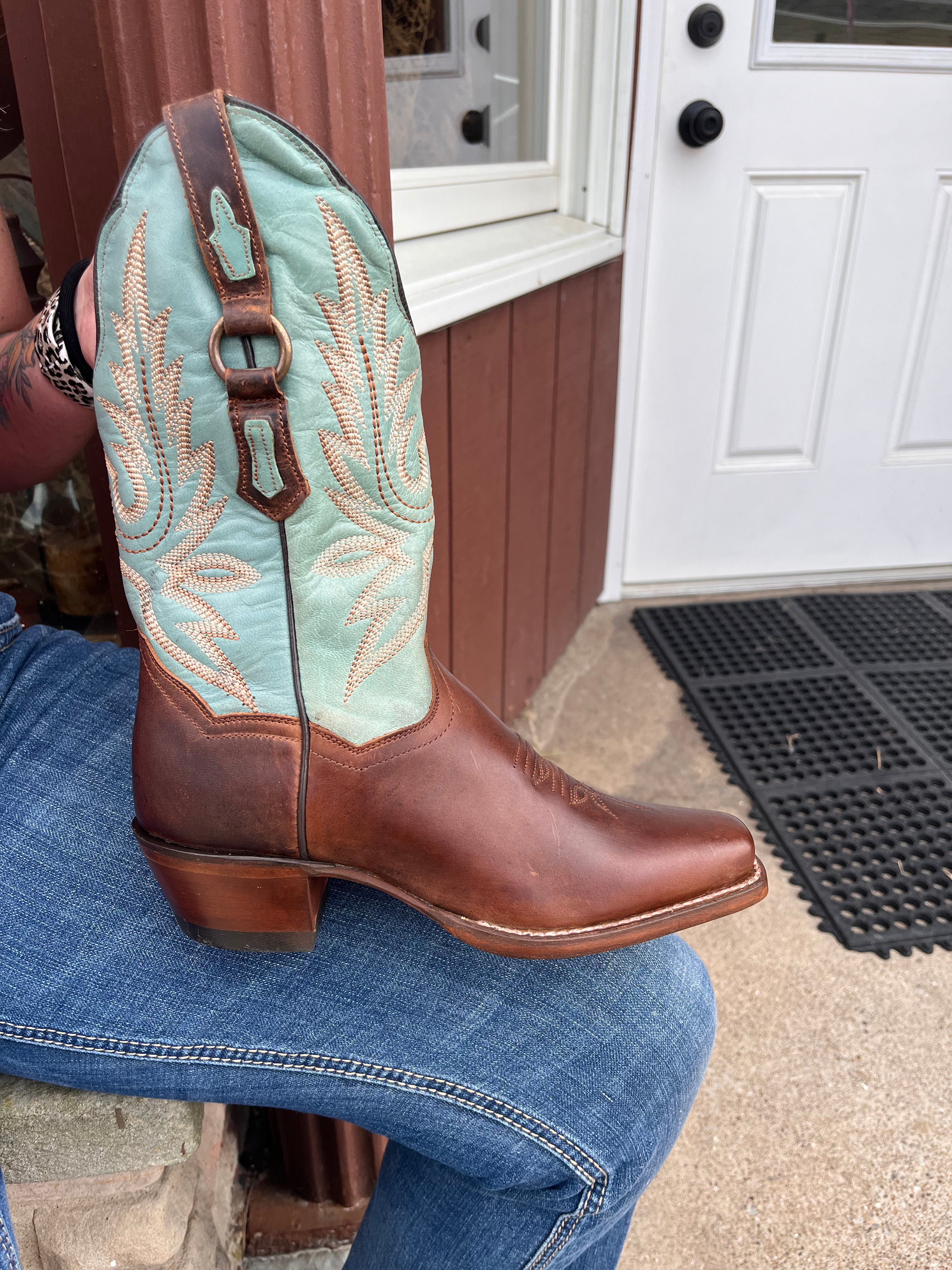 Dan Post Western boots mens Size 8 Denim Blue And Tan/brown