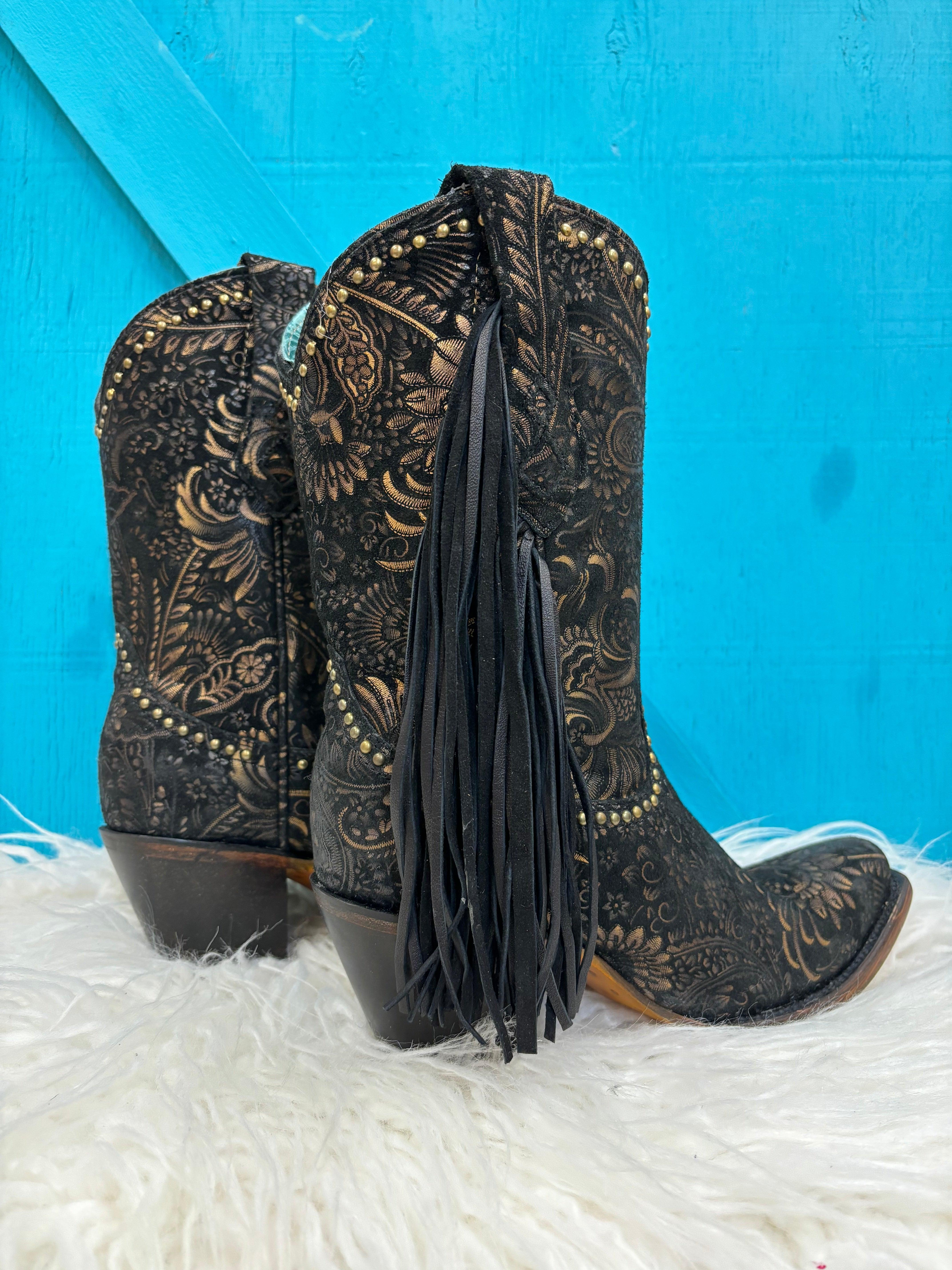 Corral Women's Black and Gold Stamped Floral Suede Square Toe Cowgirl Boots  A4492