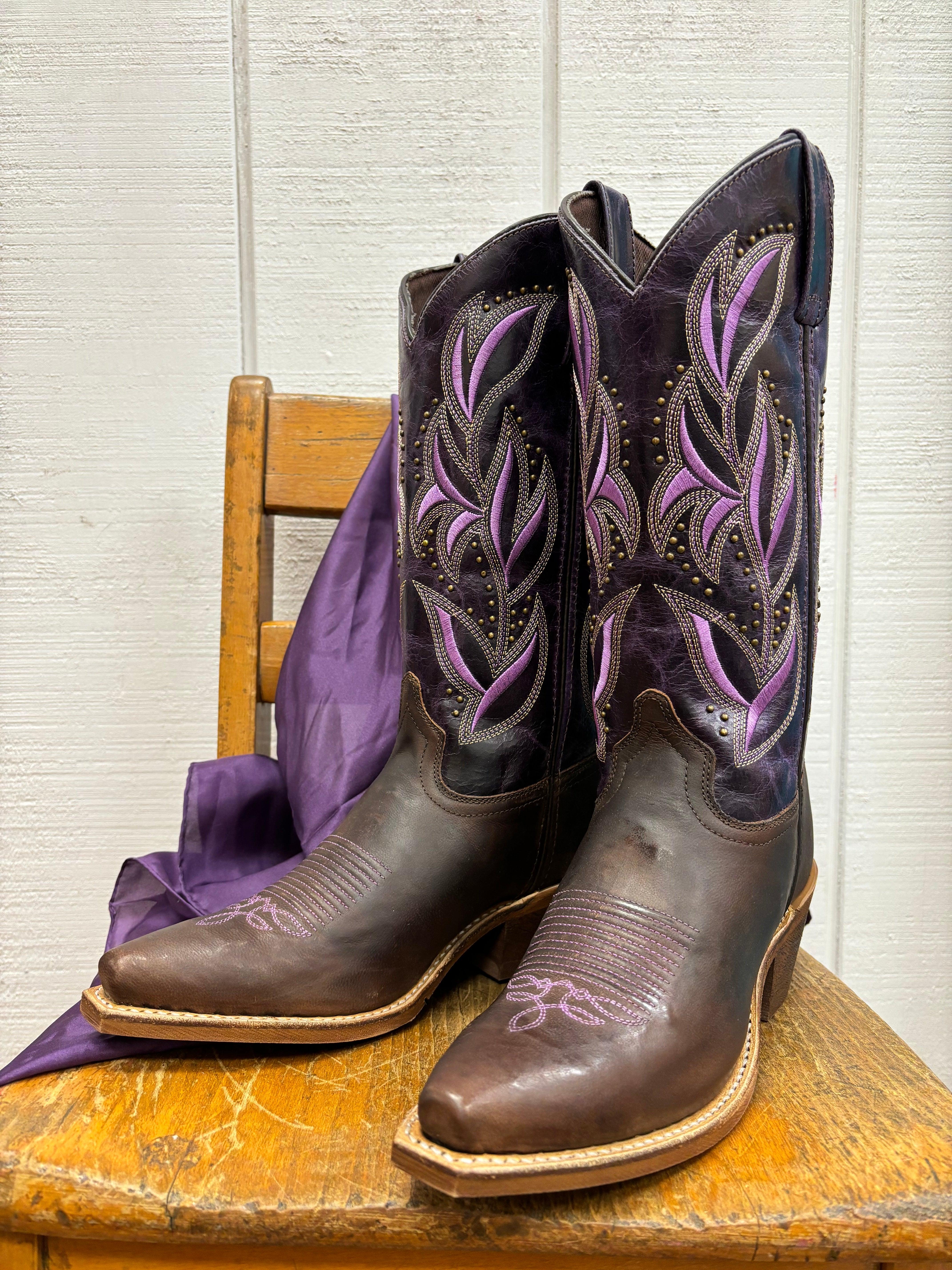 Laredo Women s Dark Brown and Lavender Embroidered Snip Toe Cowgirl Boots 52214 Painted Cowgirl Western Store