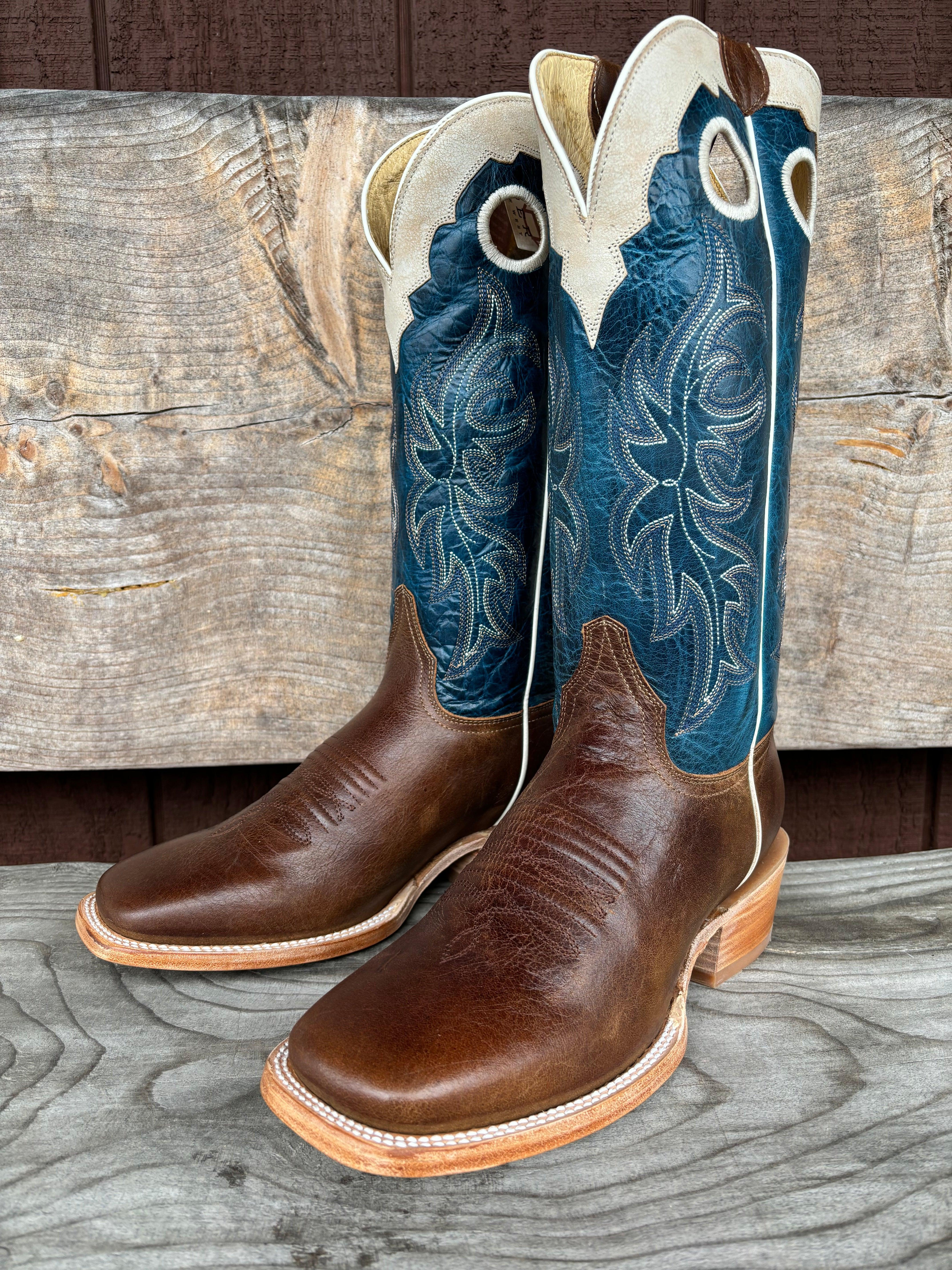 Roper Men s Waxy Brown and Blue with White Crown Square Toe Western Cowboy Boots 8031 8559 Painted Cowgirl Western Store