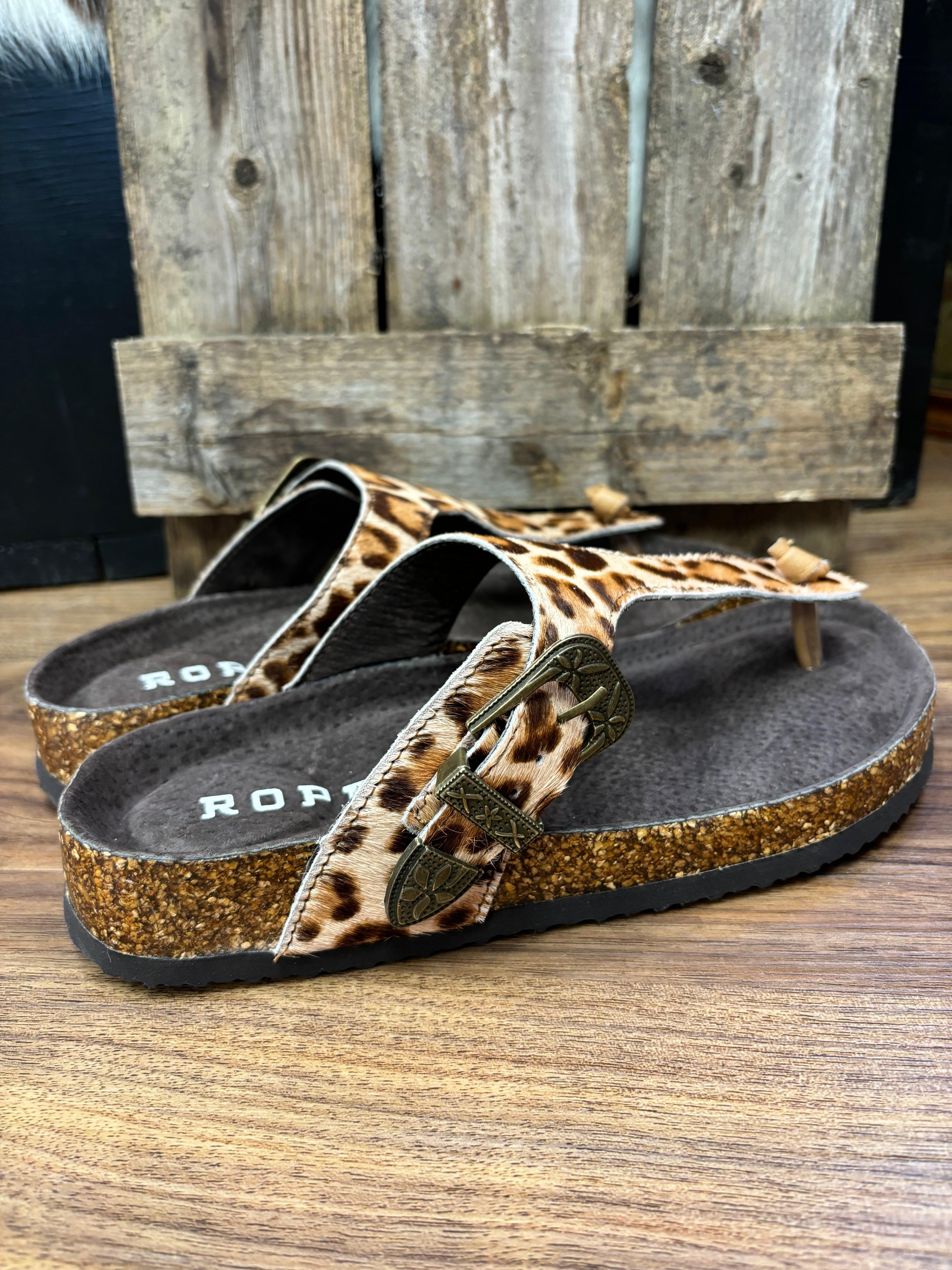 Roper retailer Women's 11 Helena Footbed Thong Sandals - Leopard Hair On Hide Leather