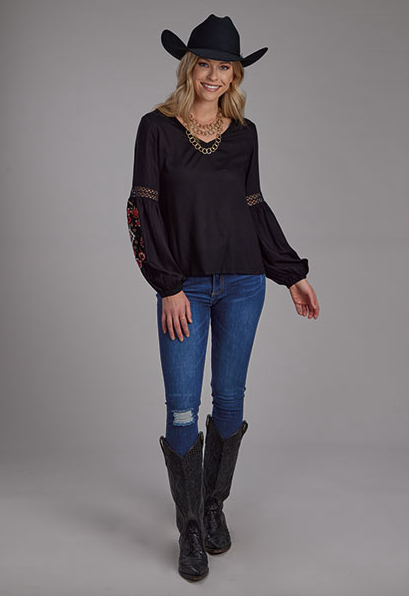 Roper Women s Black Embroidered V Neck Long Sleeve Peasant Blouse 0565 7073 Painted Cowgirl Western Store