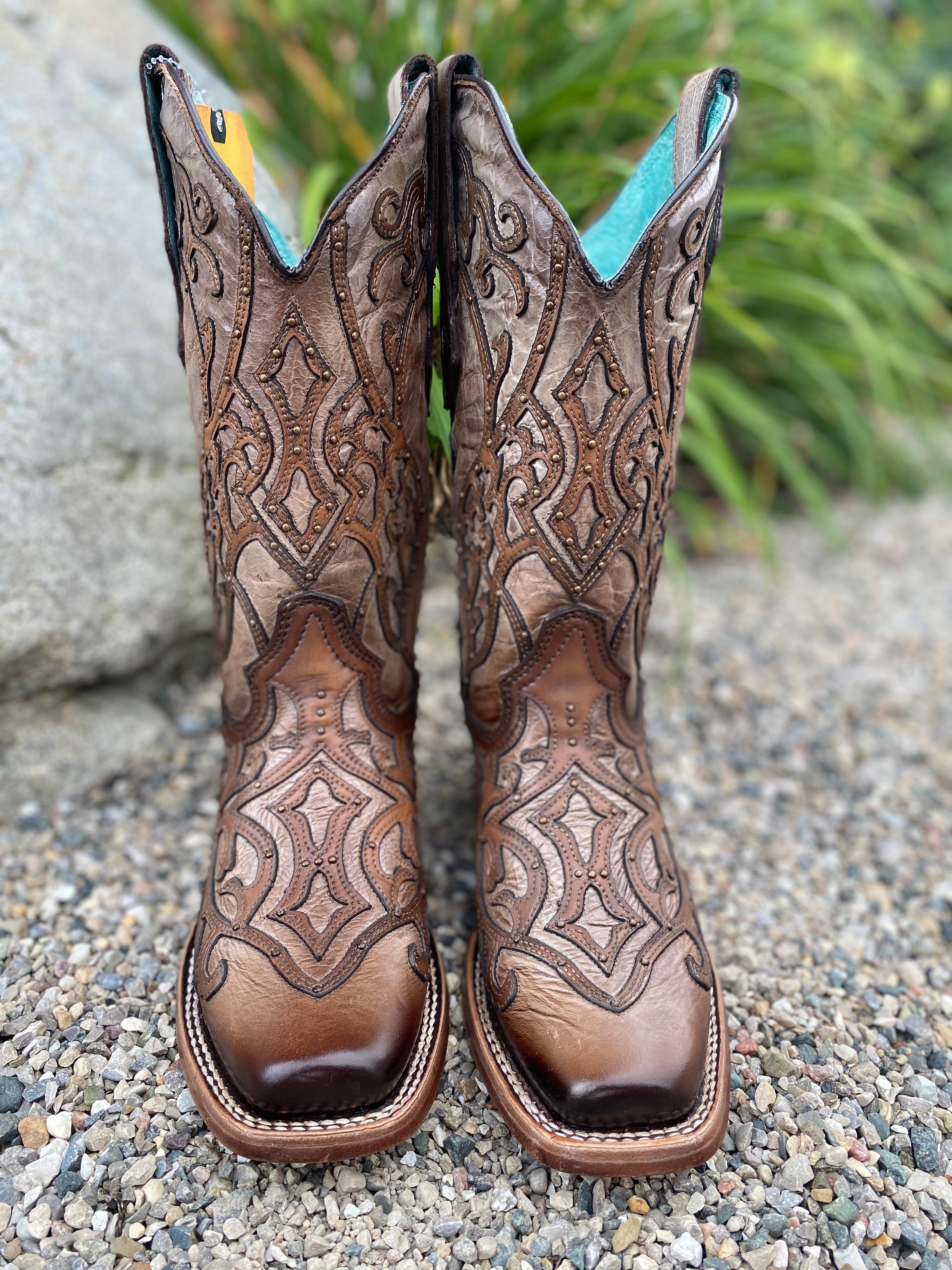 Corral Women s Tan Overlay Square Toe Cowgirl Boots C3769