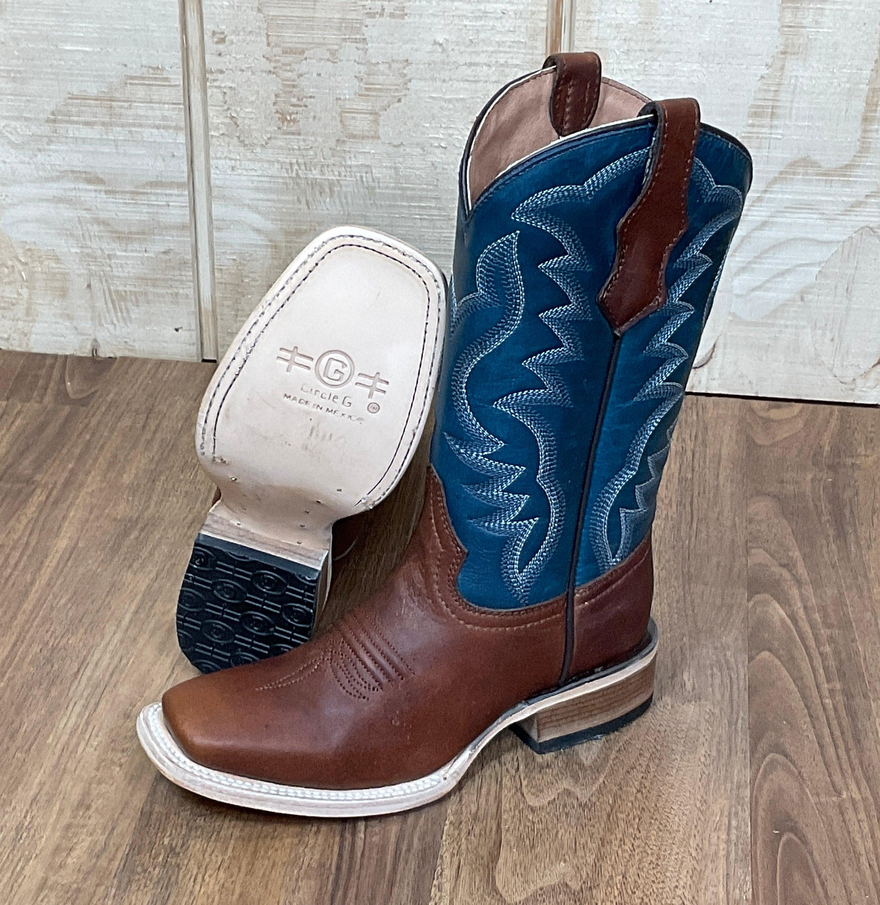 Circle G Teen Brown Blue Embroidery Shaft Square Toe Boots J7103 Painted Cowgirl Western Store