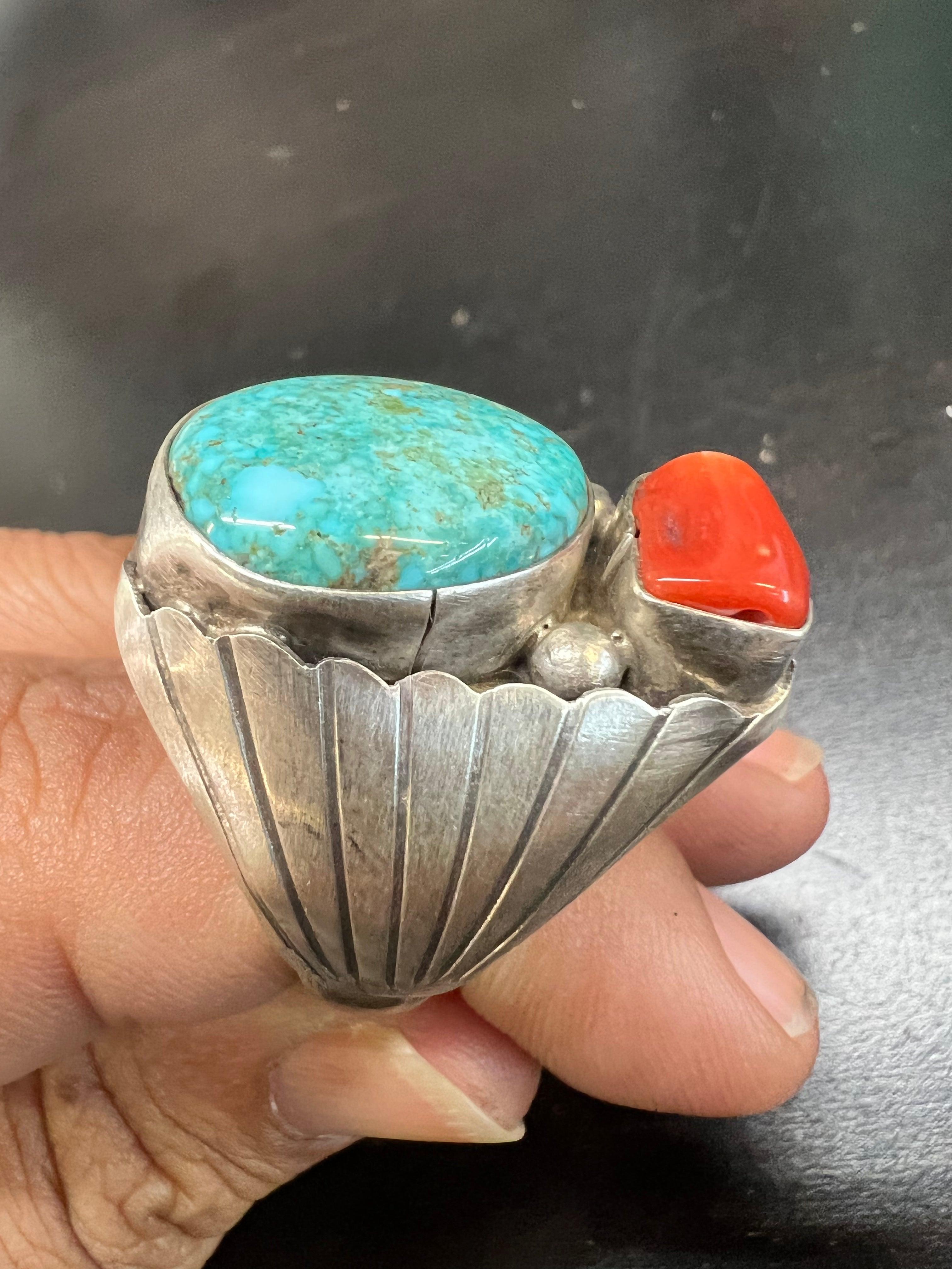 Turquoise & Red Coral and Sterling Silver Men’s Ring by Betta Lee