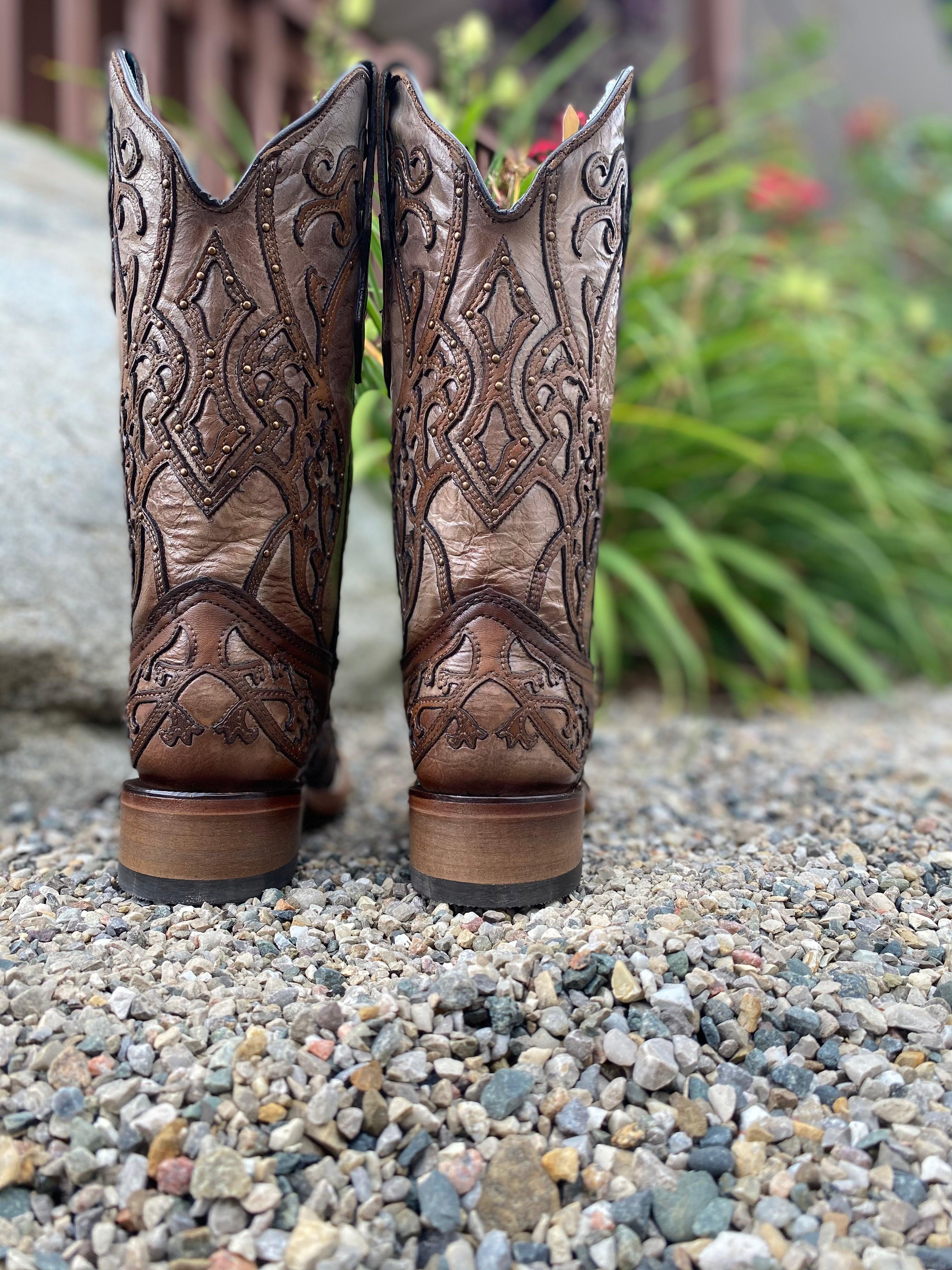 Corral Women s Tan Overlay Square Toe Cowgirl Boots C3769 Painted Cowgirl Western Store