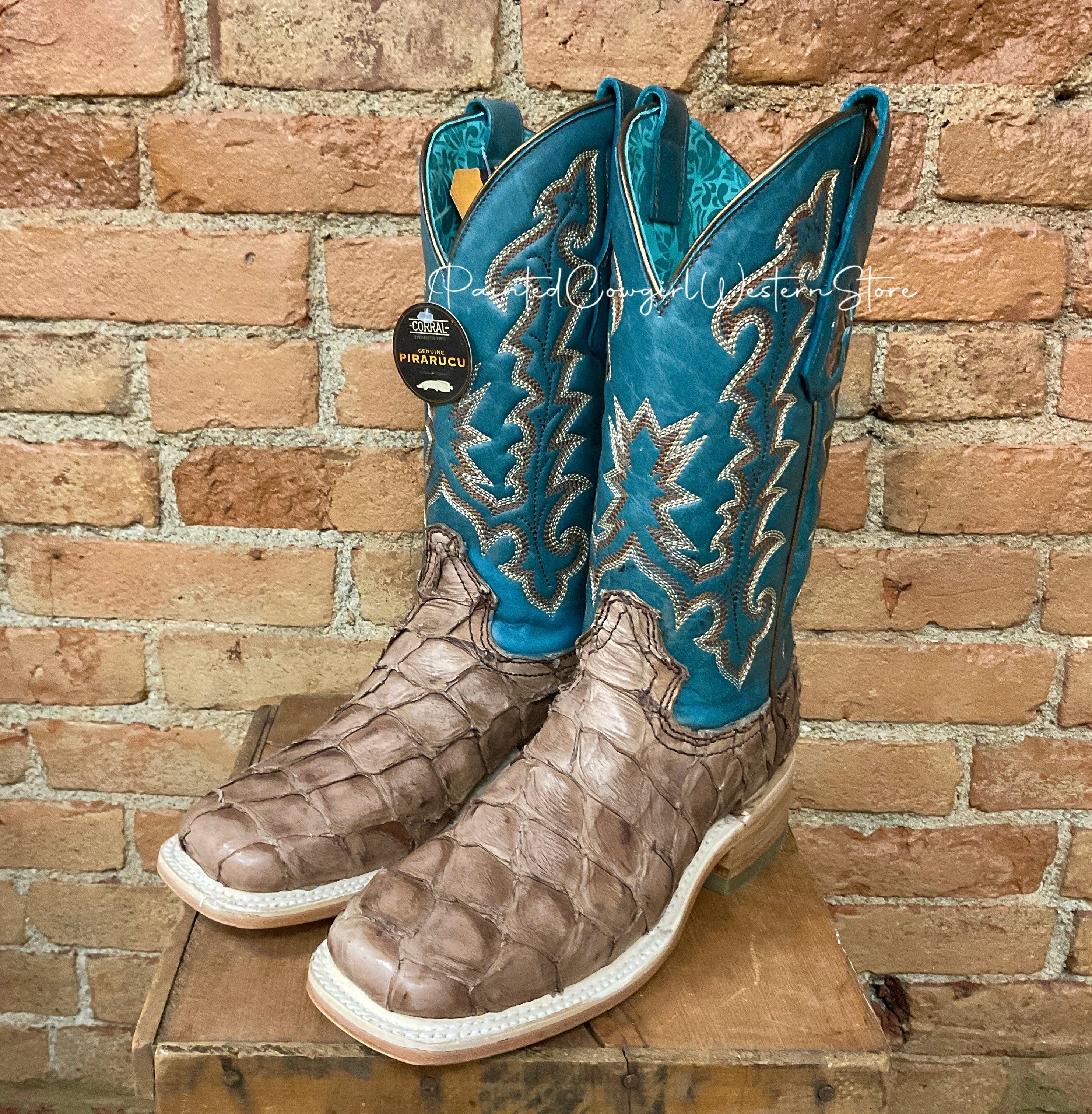 Corral Women s Brown Blue Pirarucu Arapaima Square Toe Cowgirl Boots A4205 Painted Cowgirl Western Store