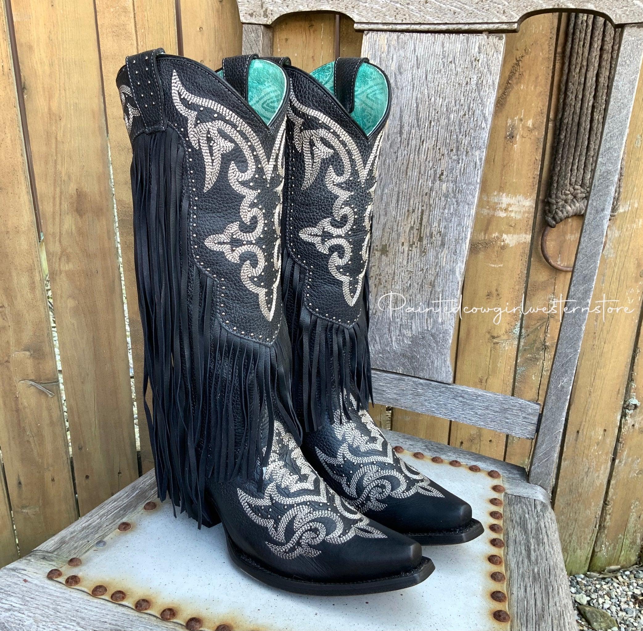Corral Women's Black Fringe Lamb Tall Snip Toe Cowgirl Boots C3706