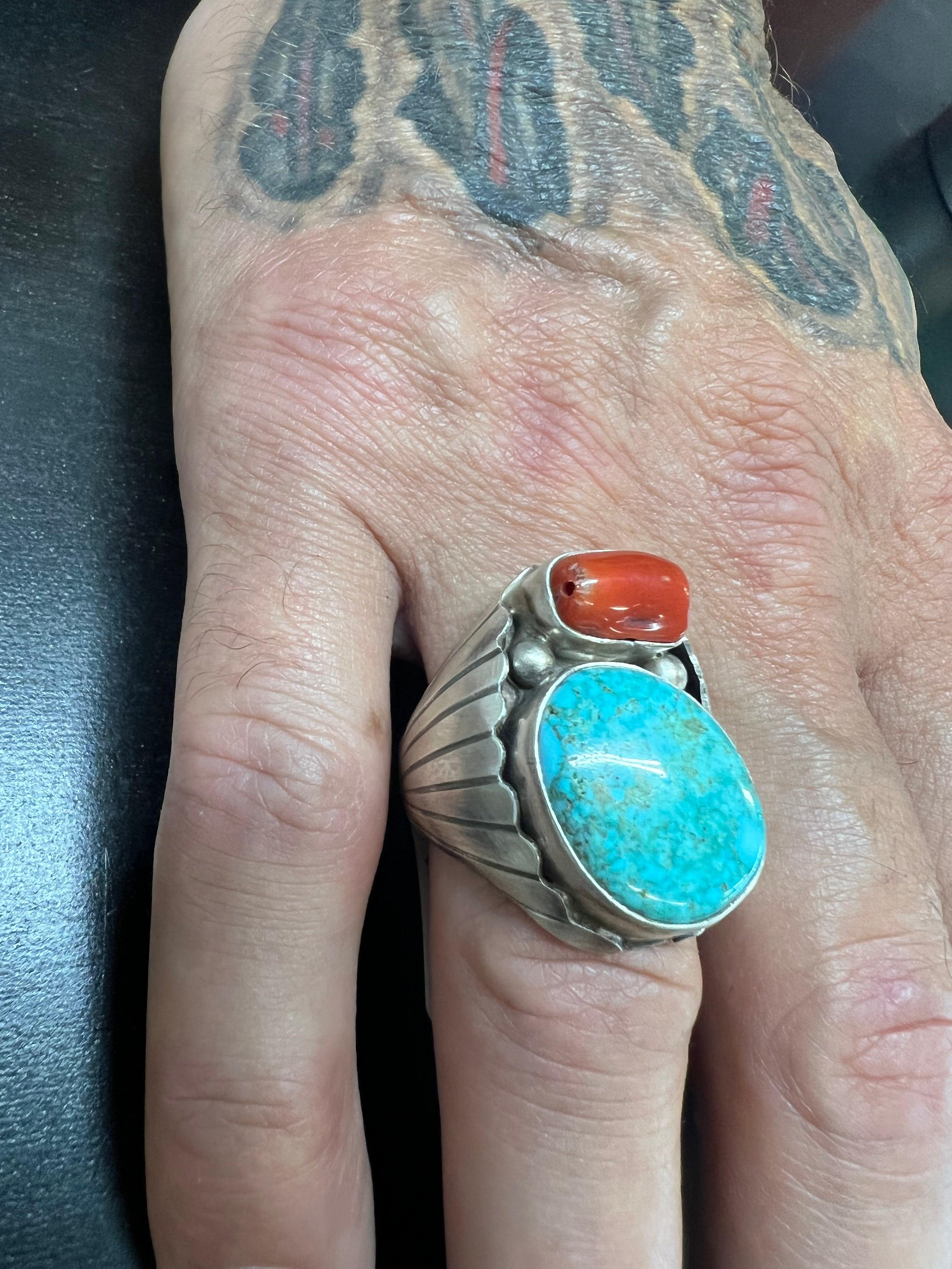 Mens turquoise and hot sale coral rings