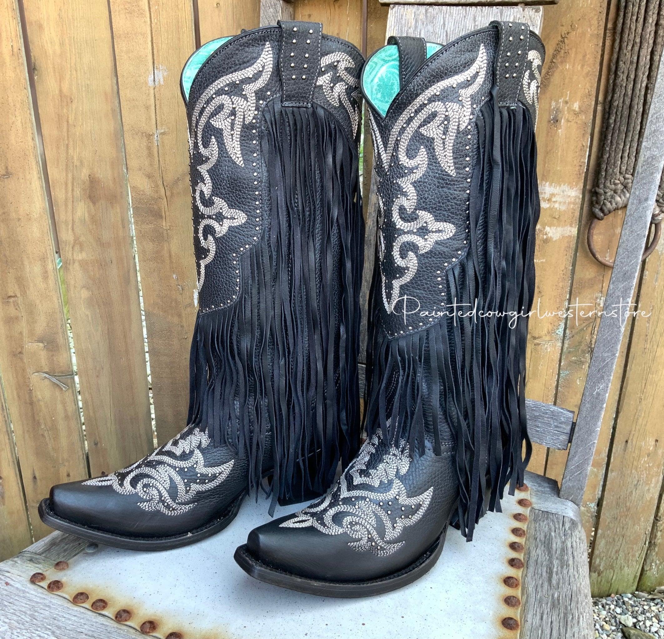 Corral Women's Black Fringe Lamb Tall Snip Toe Cowgirl Boots C3706 ...