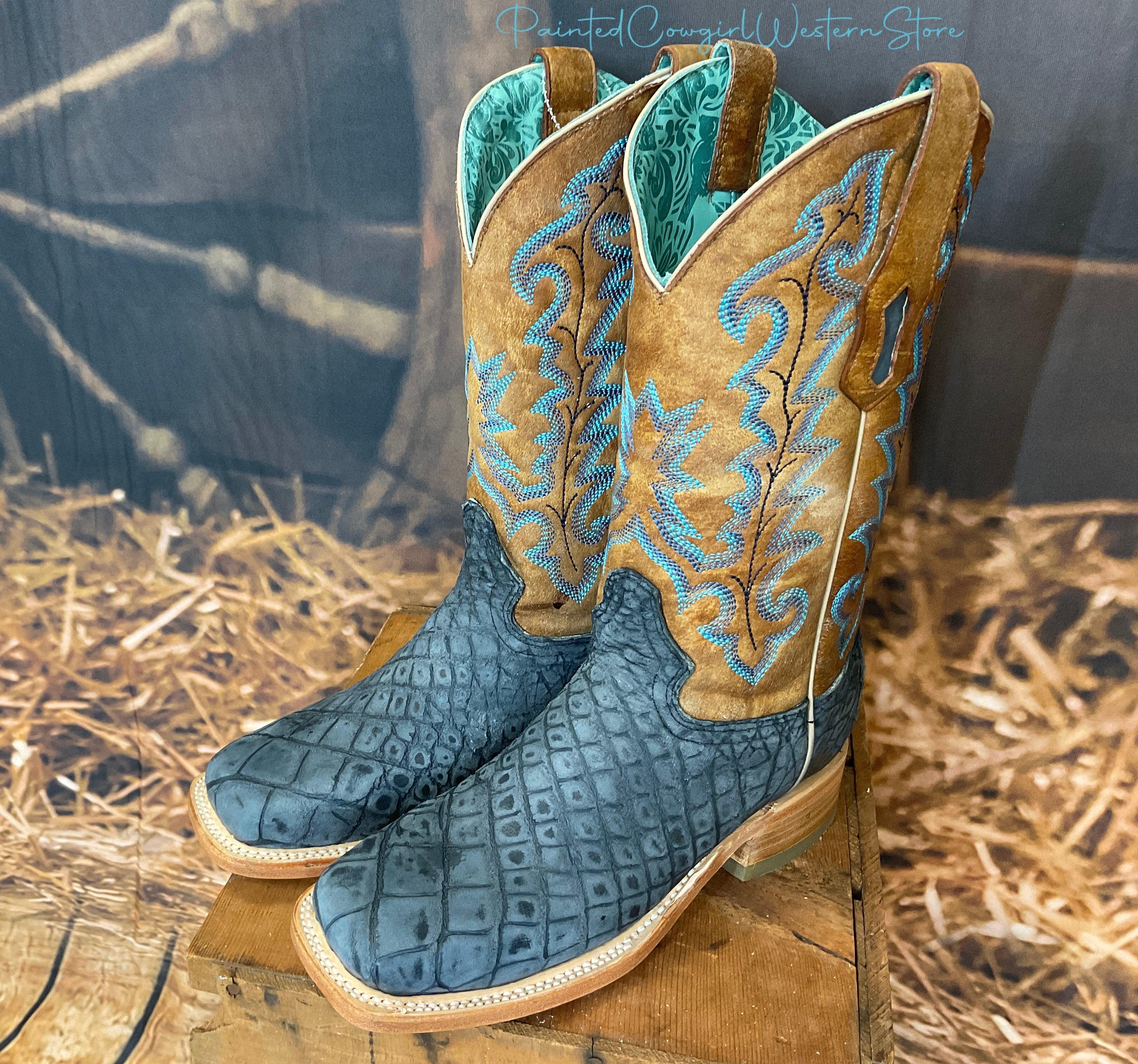 Corral Women s Sand Blue Alligator Square Toe Cowgirl Boots A4199 Painted Cowgirl Western Store