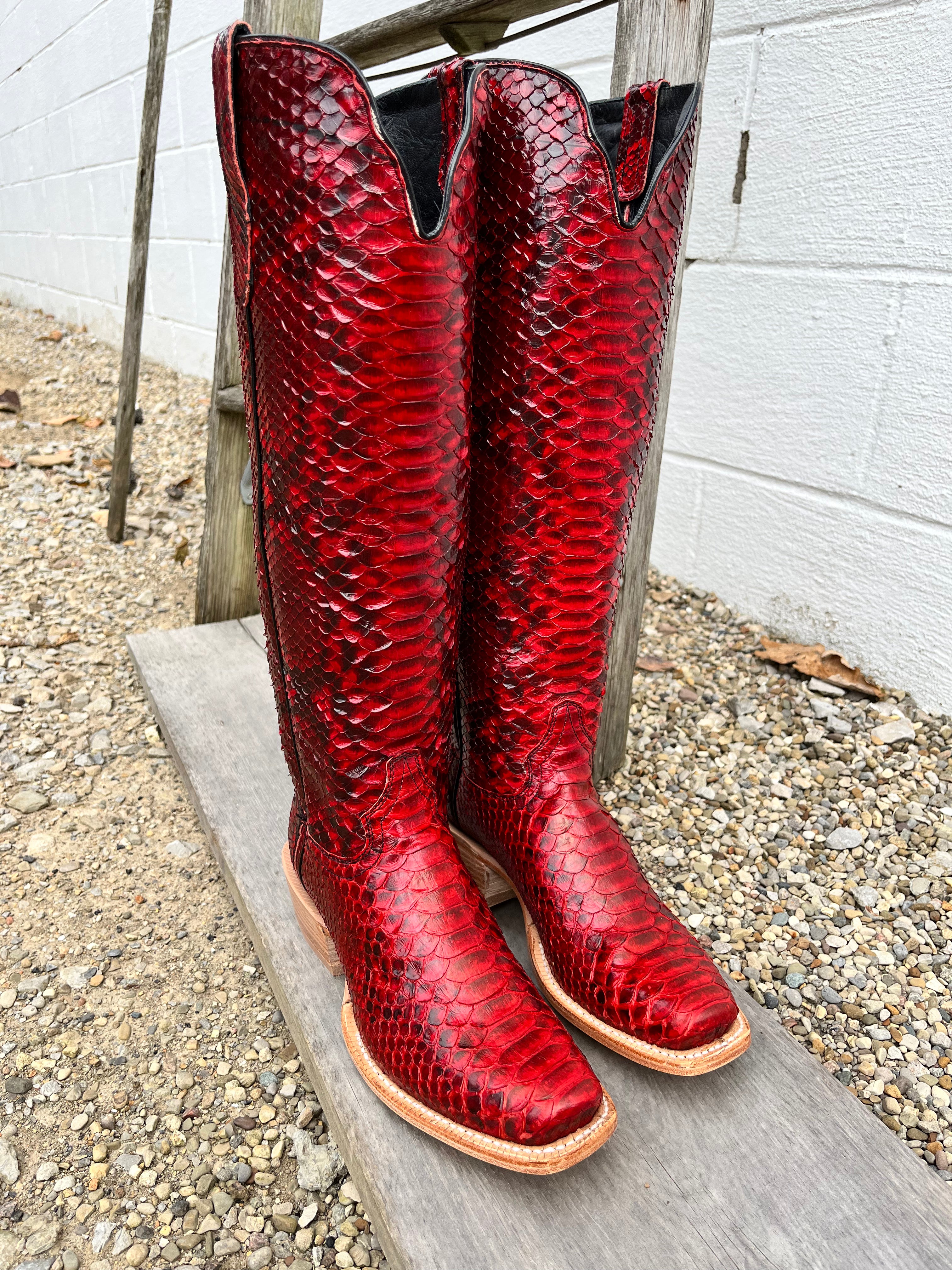 R. Watson Red and Black Python Cowgirl Boots RWL7213 Painted