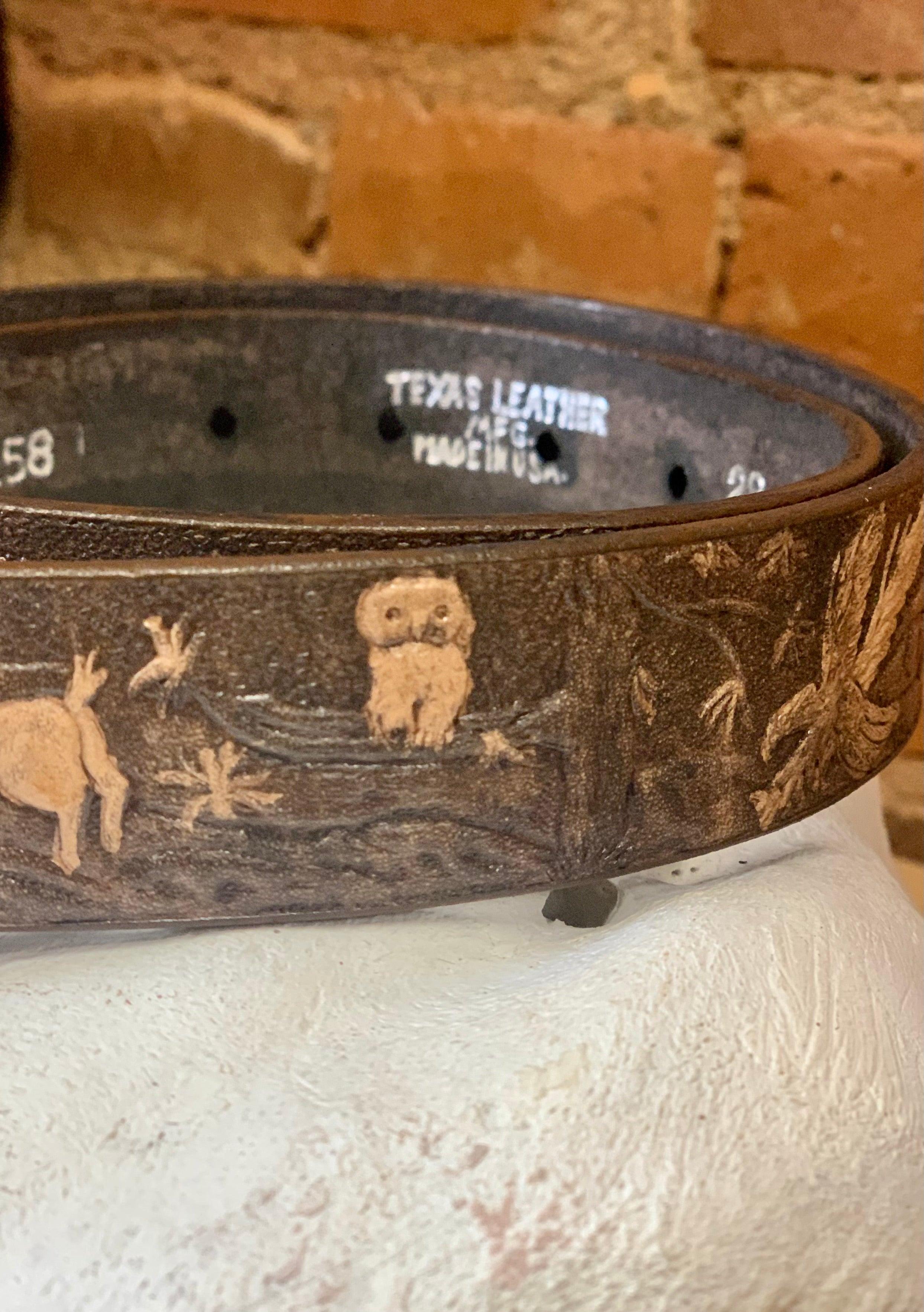 Texas Leather Mfg Native hot American Indian Hand Tooled Brown Belt Hunting Sz 34