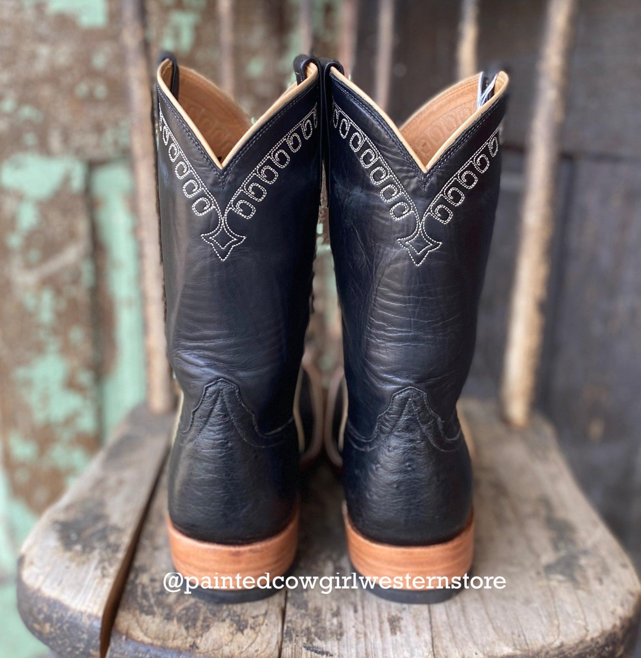 Rios of Mercedes Men s Black Smooth Ostrich Western Boot R9004 Painted Cowgirl Western Store