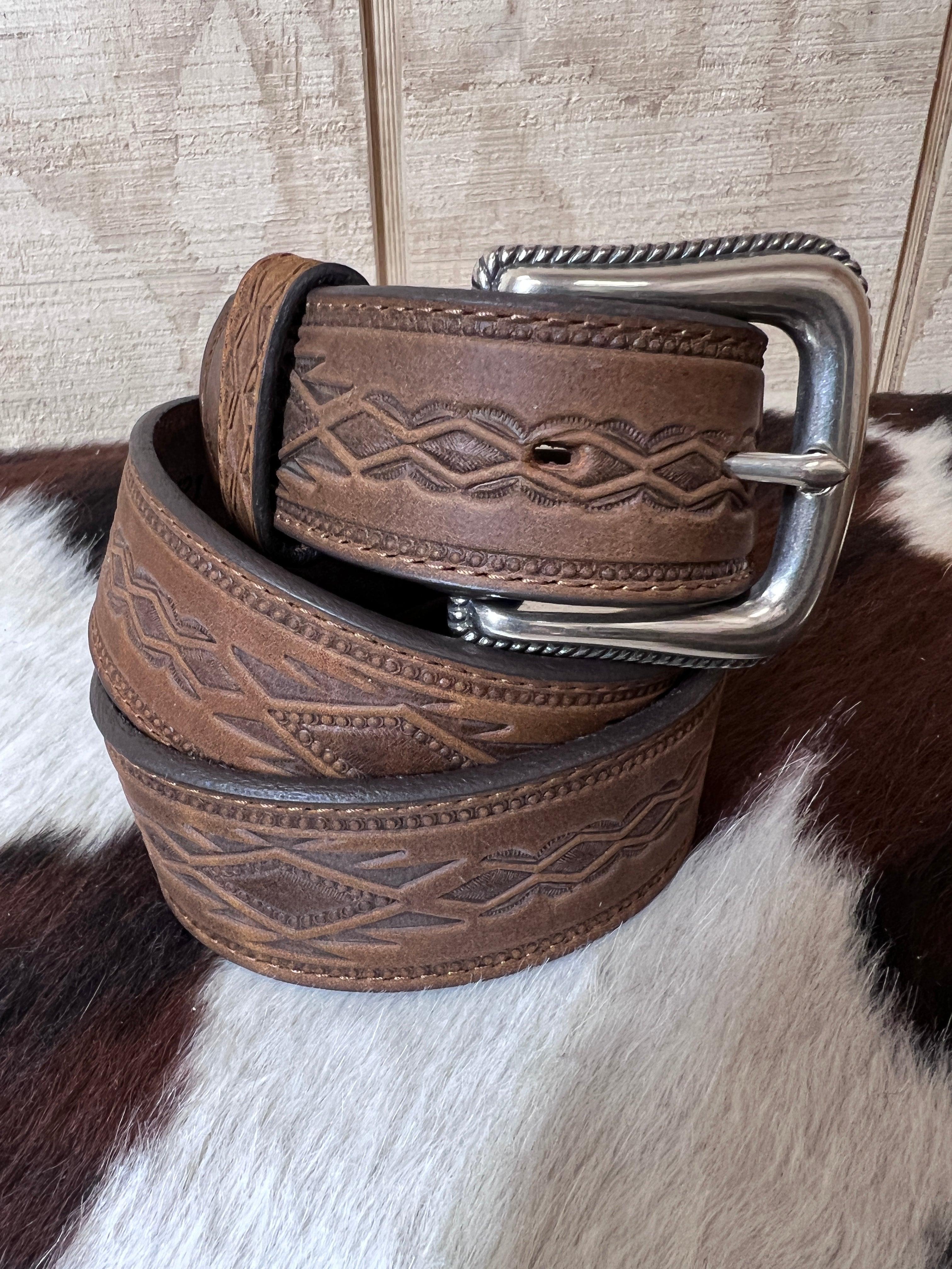 Tony Lama Men's Navajo Blanket Tooled Brown Leather Belt 1369L