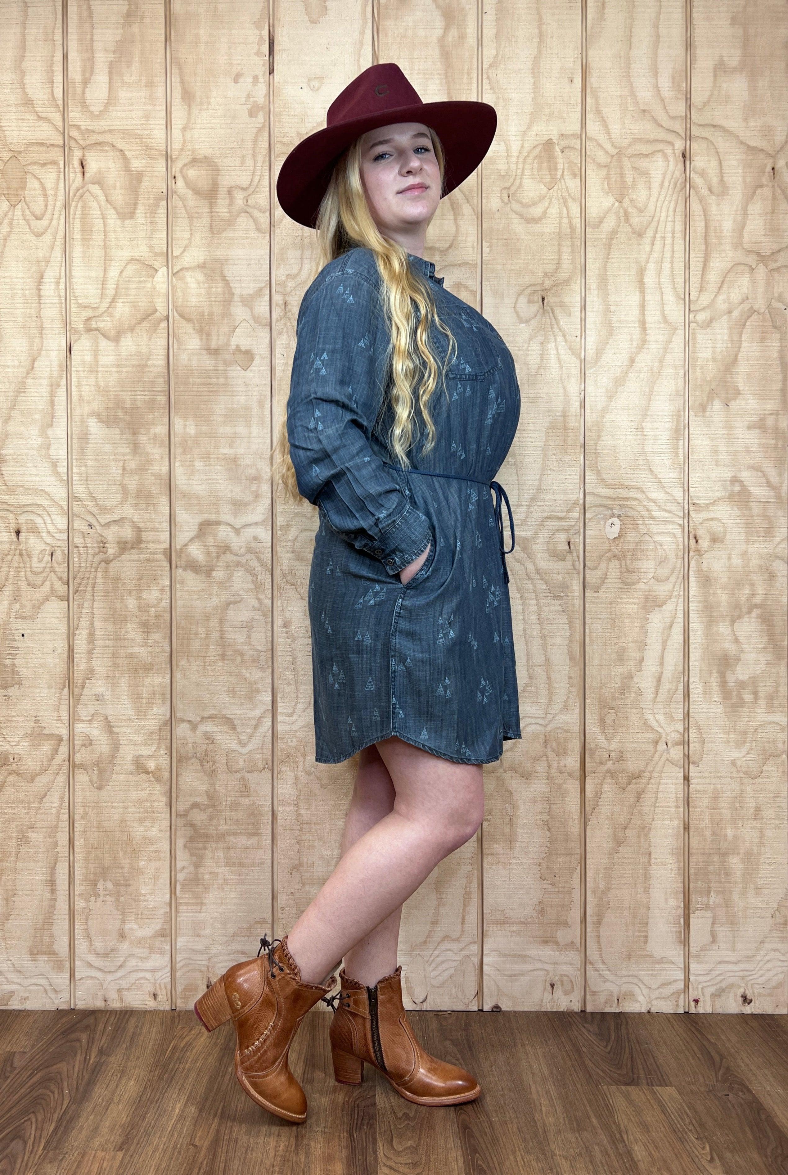 Modern Cowgirl Style with Denim Dress & Brown Boots