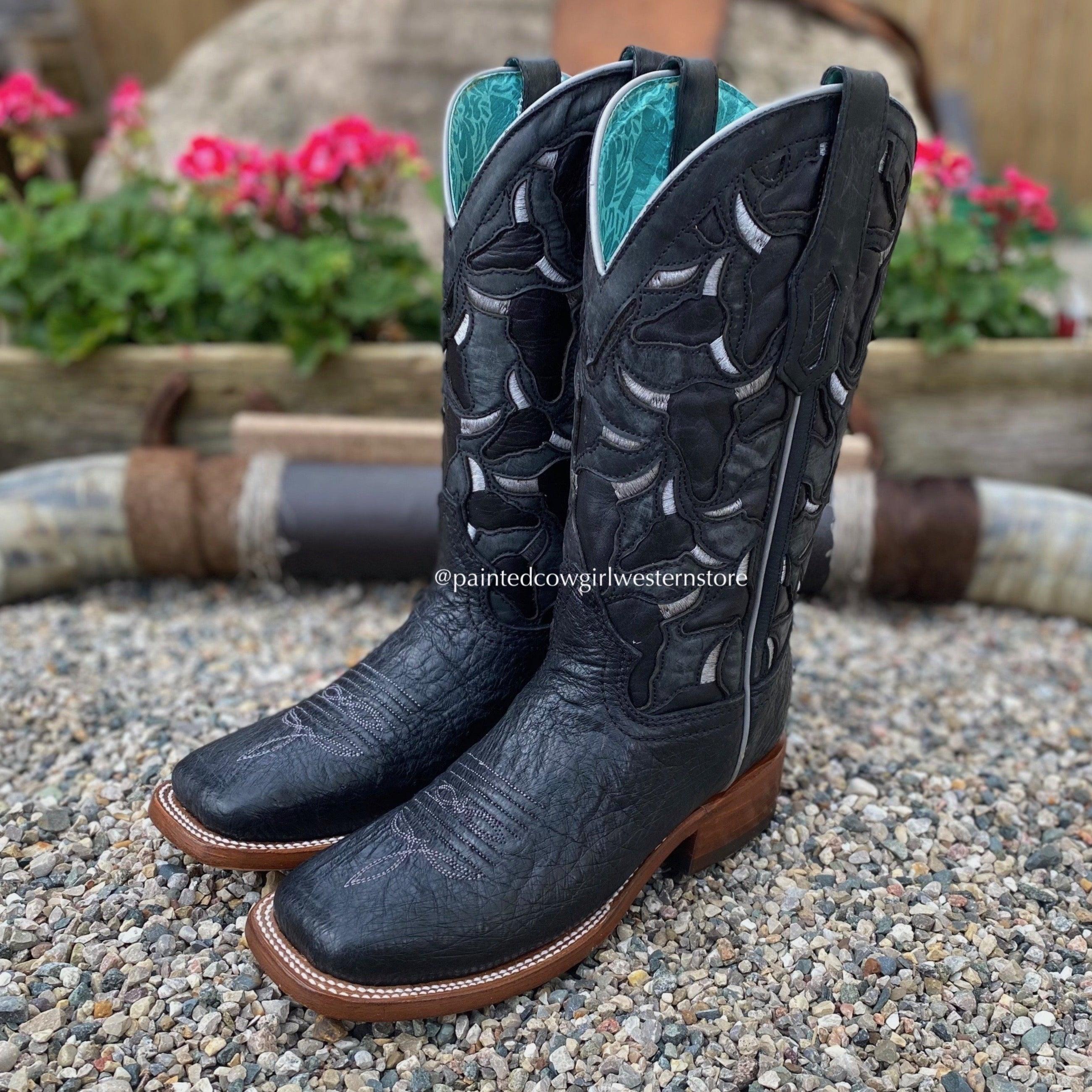 Corral Women s Black Ostrich Inlay Square Toe Cowgirl Boots A4058 Painted Cowgirl Western Store