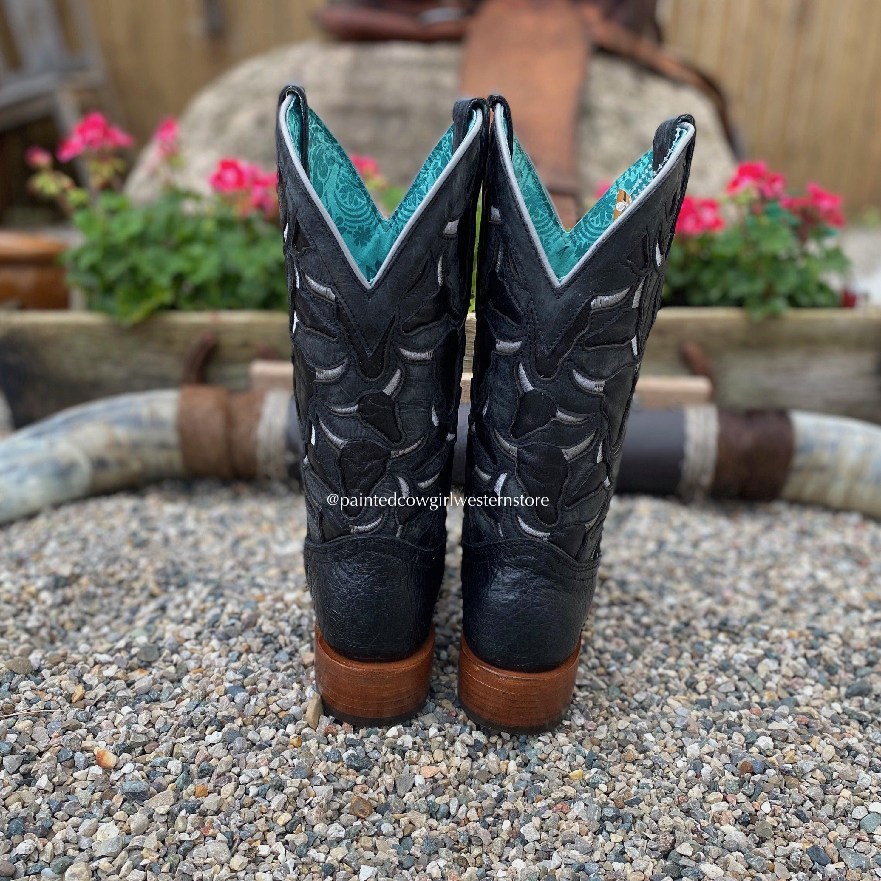 Corral Women's Black Ostrich Inlay Square Toe Cowgirl Boots A4058