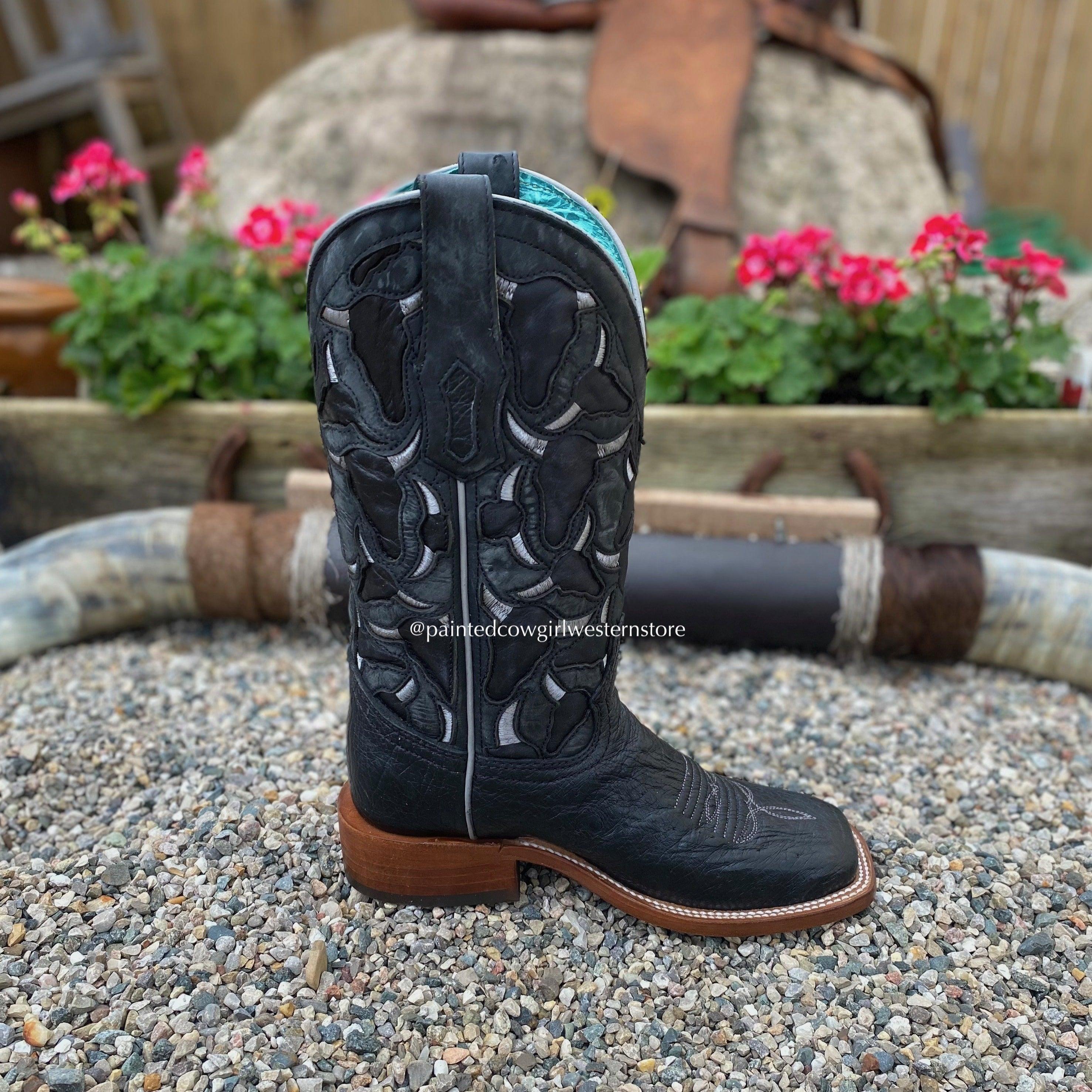 Corral Women's Black Ostrich Inlay Square Toe Cowgirl Boots A4058