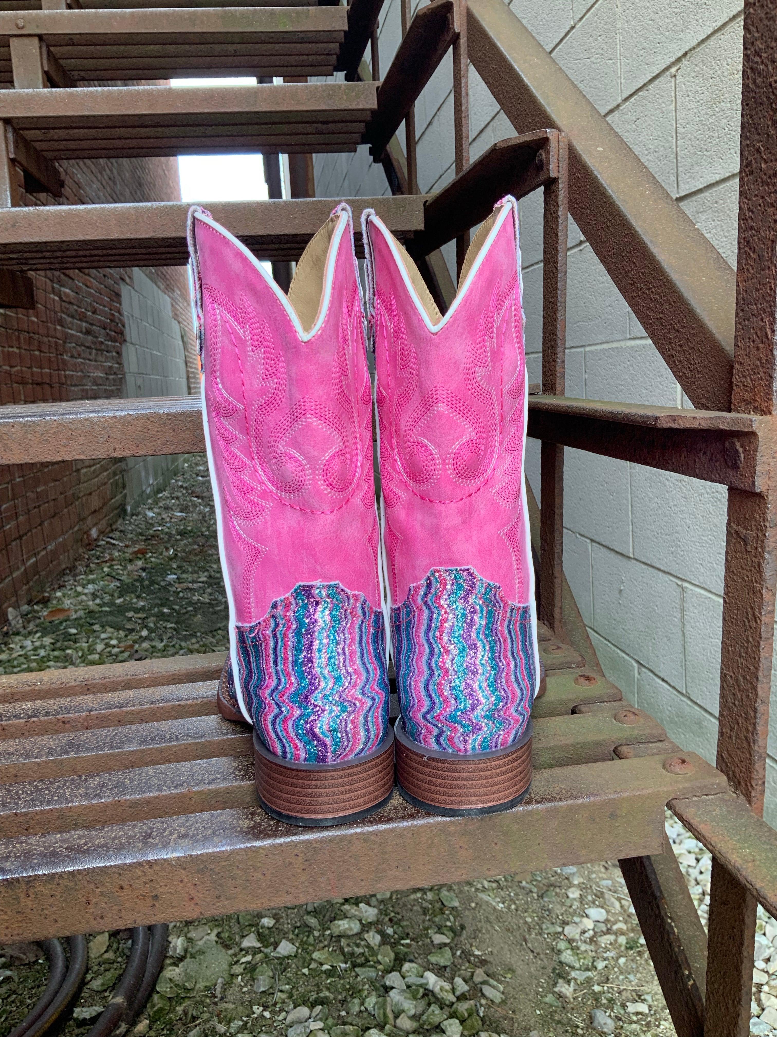 Roper Girl s Infant Toddler Children Chevron Glitter Pink Square Toe Cowgirl Boots 1901 2922 Painted Cowgirl Western Store